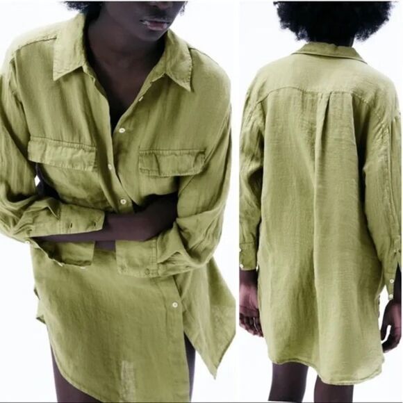 ✨ Zara Oversized Linen Boho Button Down Green Shirt✨ - Picture 1 of 14